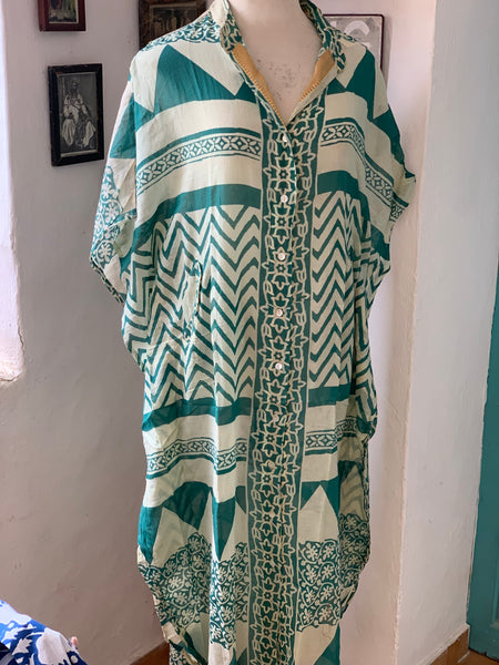 Maxi free size  kaftan in modern mixed blockprint
