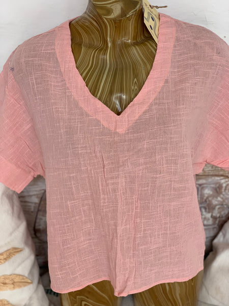 Linen V neck shirt blouse Rosa