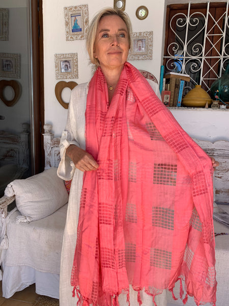 Strawberry red big size Sarong    or Pareo - Dupata in hand woven  Khadi organic white