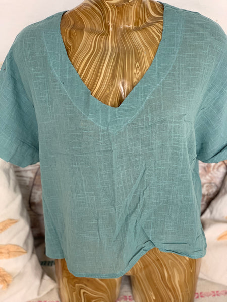 Linen V neck shirt blouse emerald green