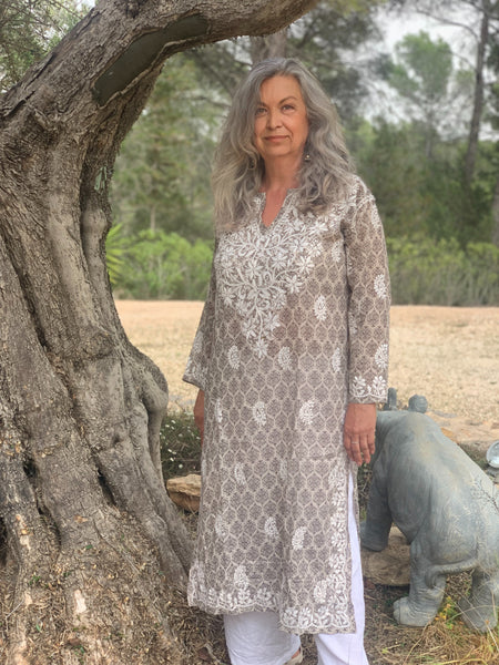 Maxi length cotton / mul print long /kurta , tunic with hand embroidery 48 inch length
