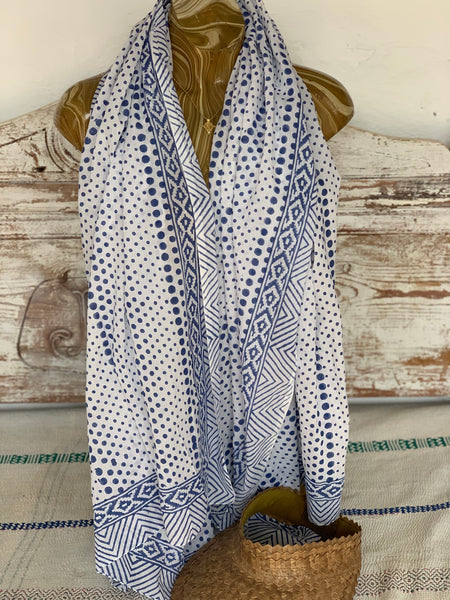 Blue and white Sarong   or Pareo in block print new collection