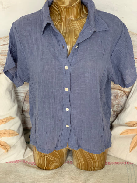 Linen woman  short shirt blouse button ocean blue