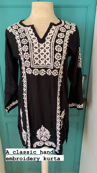 Black & white  ibiza  classic  bohemian tunica with hand embroidery