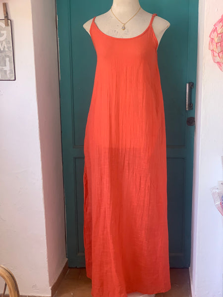 Basic dress plain linen ,  long  dress red