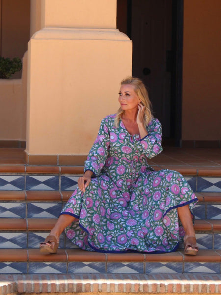 Angel  boho green  floral maxi long dress in Sunflower white hand block print