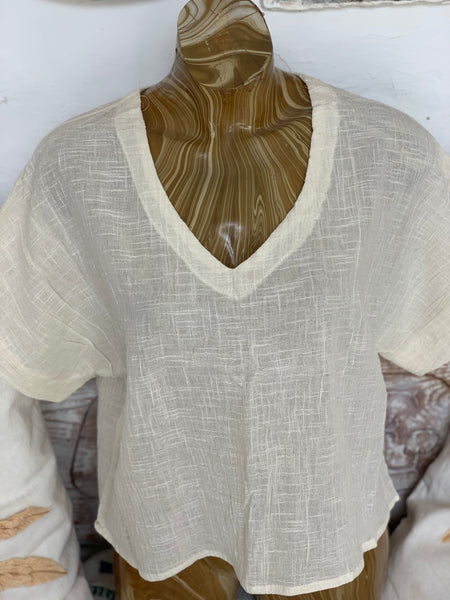 Linen V neck shirt blouse off white