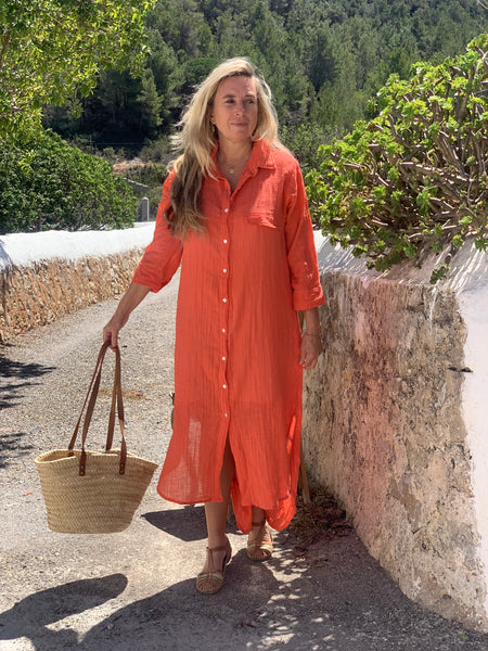 Shirt dress long in strawberry red