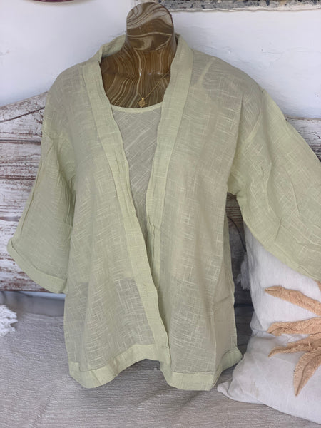Ibiza boho short linen kimono 👘 in pistachio