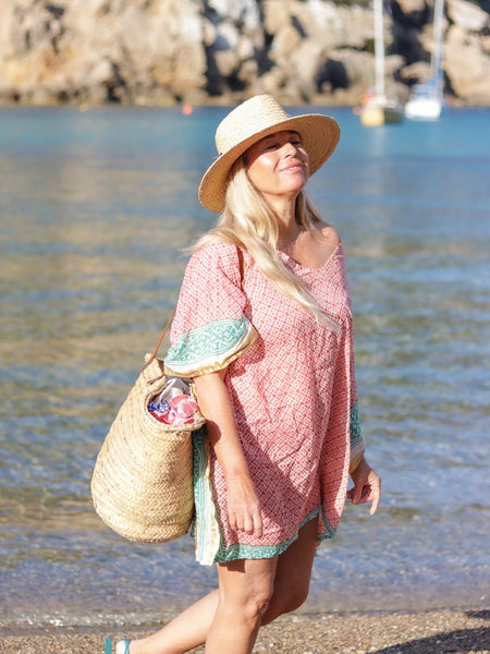 Beach kaftan short in Modern block-print  tunica