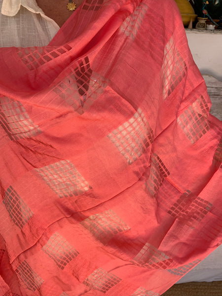 Strawberry red big size Sarong    or Pareo - Dupata in hand woven  Khadi organic white