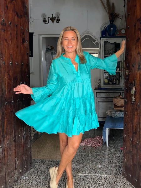 Aqua blue Silk dress Geo