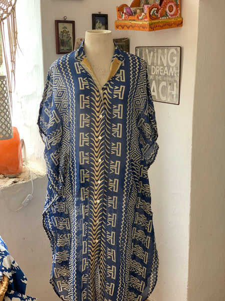 Maxi free size  kaftan in modern mixed blockprint