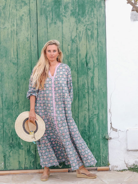 Hawa  mahal boho dress  in green block print
