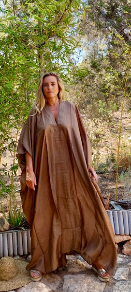 Exclusive luxury 100% organic Silk kaftan - free size in  light brown