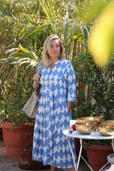 Anarkali  Ibiza blue hand block print, boho tunica style , super dress