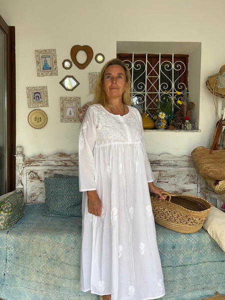 Anarkali  Button , long boho Ibiza tunica dress white ibiza long cotton dress with hand embroidery