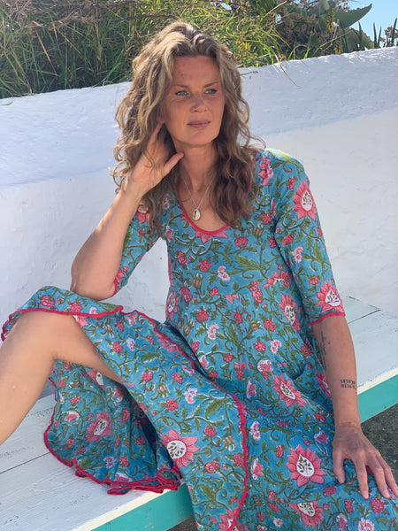 Sundress hope in a turquoise flower hand block print