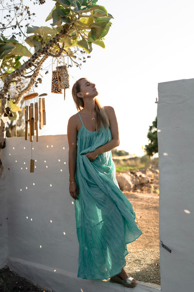 Apsara /  Turquoise Ibiza bohemian maxi long super soft dress , white summer maxi  organic muslin cotton dream