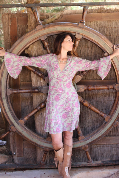 Fiona pinky bohemian hippie chic dress in cotton - AUROBELLE IBIZA