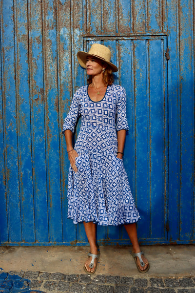 Sundress open spot blue -  hand block print