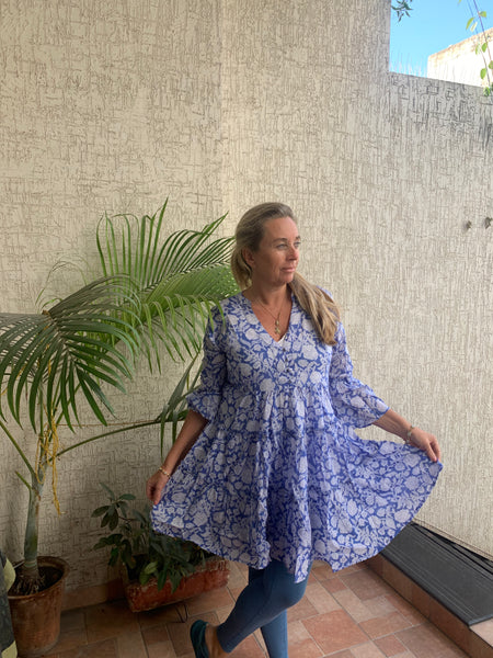 Geo  boho dress short  blue blockprint organic cotton jeans