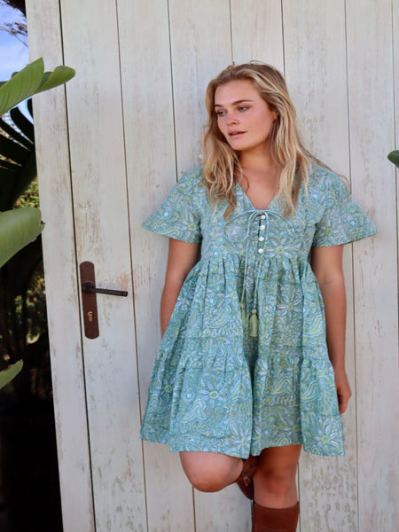 Cangu sweet short boho dress pastel green