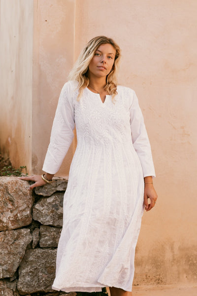 Anarkali white Ibiza boho chic long cotton dress with hand embroidery, white kundalini yoga dress , White Ibiza dress - AUROBELLE IBIZA