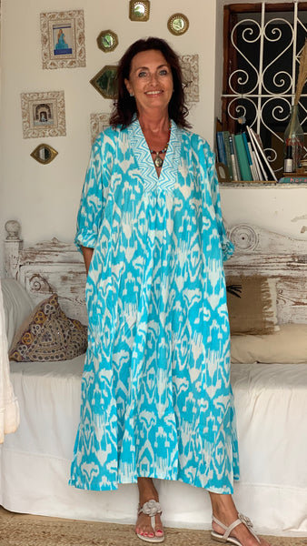 Ikat  turquoise and white , boho beautiful long Tunicas