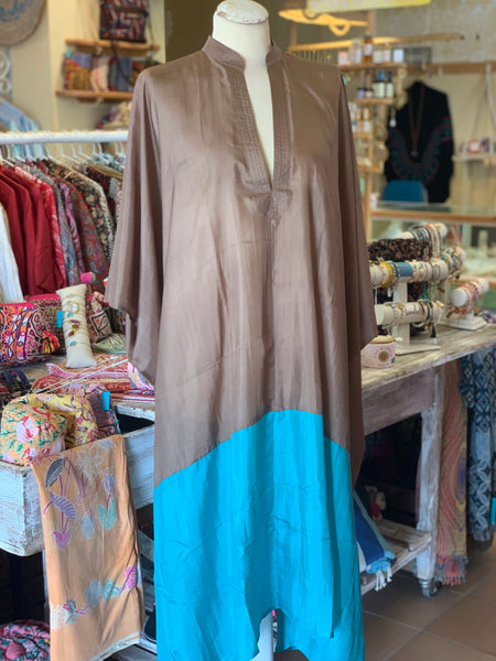 Exclusive luxury Silk kaftan Beige and turquoise