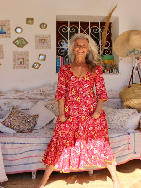 Sundress in a red  Joy flower hand block print