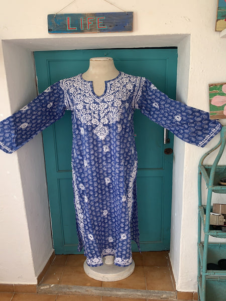 Maxi Kurta , blue  muslin cotton Tunica with hand block printing