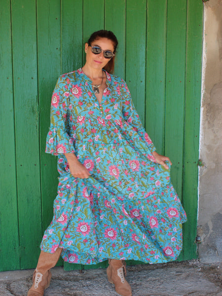 Geo  dress  long  Hope turquoise cotton
