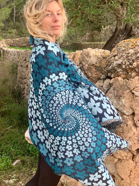 Cosy merino wool shawl in ocean blue feather design