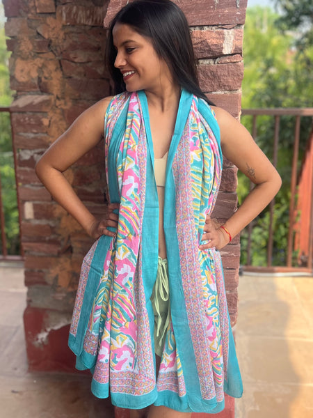 Sarong   , Pareo  , cotton shawl and beach Deluxe Block print collection,emerald  beach 🌸 -  AUROBELLE  IBIZA