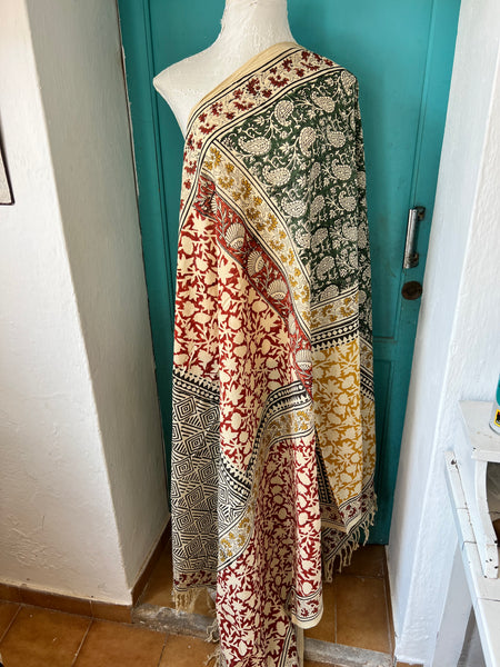 Hand made Block print green yellow mix ethic big size with  fringes