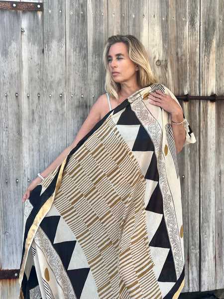 Big size Sarong ,Hand Block Printed Extra Large Sarong | Organic Cotton Muslin | Natural Bagru Print with Golden Sari -yellow -  AUROBELLE  IBIZA
