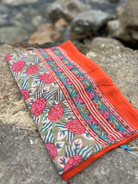 Sarong   , Pareo  , cotton shawl and beach Deluxe Block print collection, orange green 🪷 -  AUROBELLE  IBIZA