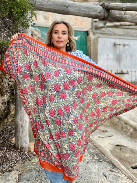 Sarong   , Pareo  , cotton shawl and beach Deluxe Block print collection, orange green 🪷 -  AUROBELLE  IBIZA
