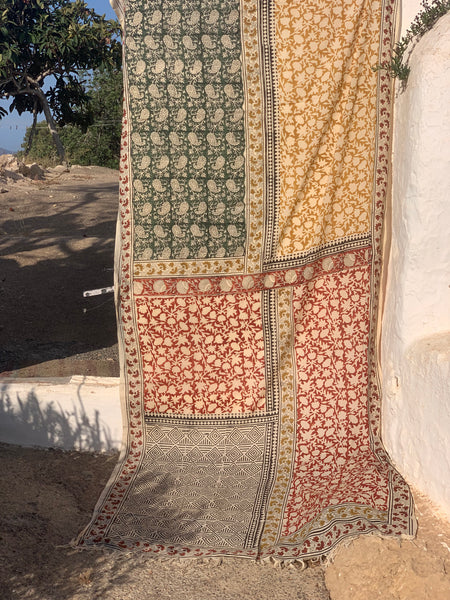 Big size Bagru Sarong  , dupatta - Pareo  -green flower /block print cotton shawl  Red flower new collection