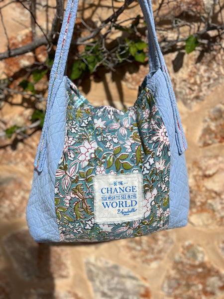 One-of-a-Kind Ibiza Patchwork Bag- be the change you want to see - green flower -  AUROBELLE  IBIZA