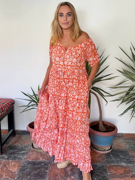 Ishi Daughter Dress – Hand Block Printed Boho Maxi Orange flower Dream