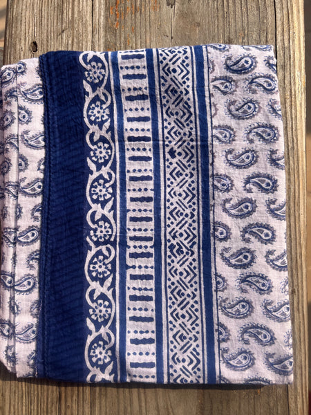 Sarong   , Pareo  , cotton shawl and beach Deluxe Block print collection,Ibiza blue and white  💙 -  AUROBELLE  IBIZA