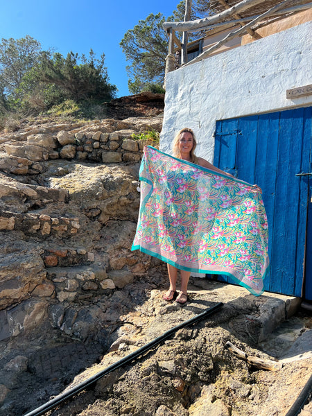 Sarong   , Pareo  , cotton shawl and beach Deluxe Block print collection, formentera turquoises🪷 -  AUROBELLE  IBIZA