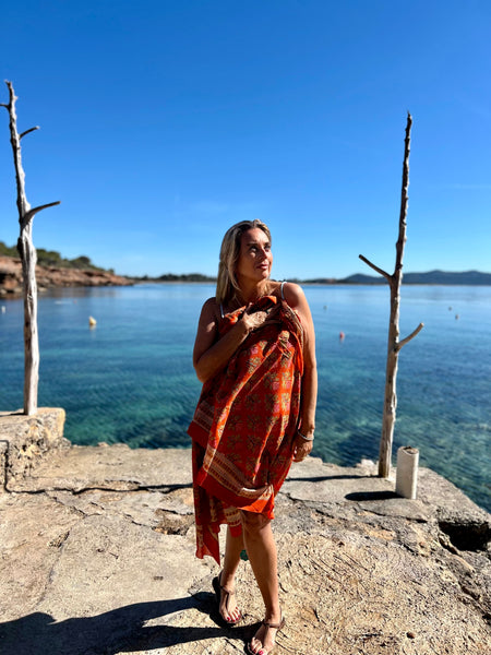 Sarong   , Pareo  , cotton shawl and beach Deluxe Block print collection, orange pink 🪷 -  AUROBELLE  IBIZA