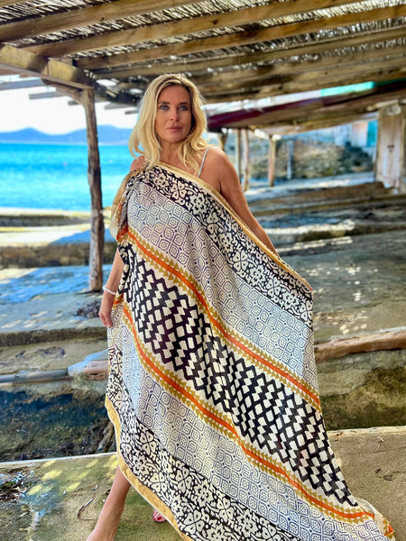 Big size Sarong ,Hand Block Printed Extra Large Sarong | Organic Cotton Muslin | Natural Bagru Print with Golden Sari yellows geometric -  AUROBELLE  IBIZA