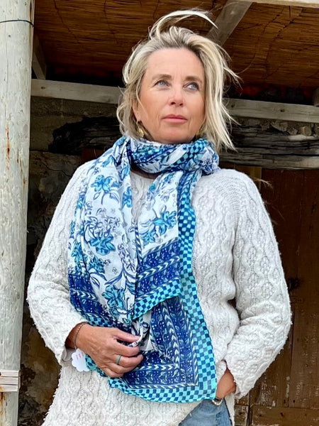 Sarong   , Pareo  , cotton shawl and beach Deluxe Block print collection, blue white Caro’s -  AUROBELLE  IBIZA