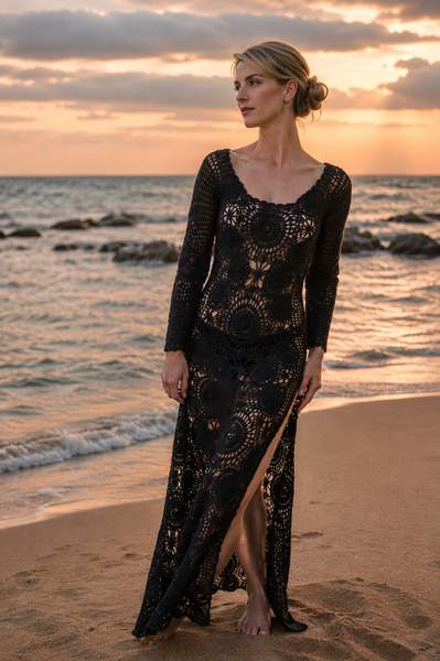 Sexy Roxanne boho crochet dress in black ,  totally hand made -  AUROBELLE  IBIZA