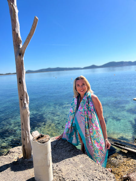Sarong   , Pareo  , cotton shawl and beach Deluxe Block print collection, formentera turquoises🪷 -  AUROBELLE  IBIZA