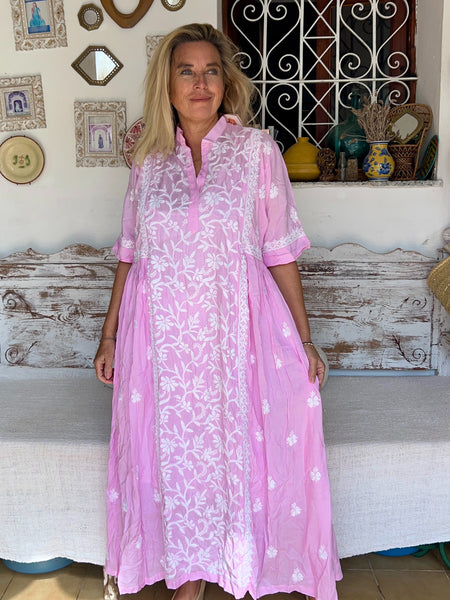 Rani Rosa  short arm ,  dress with hand embroidery -  AUROBELLE  IBIZA